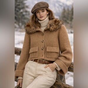 Zara Short Knit Cardigan with Faux Fur Collar